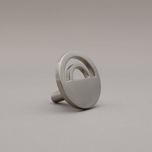 Horizon satin nickel silver knob on gray background
