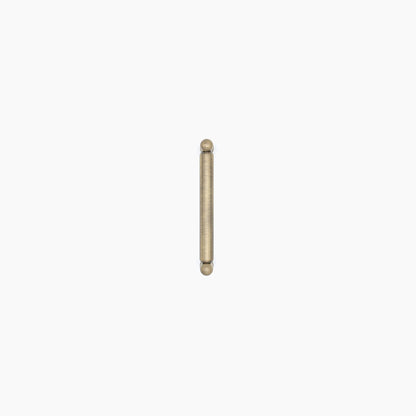 Aged brass colored cylindrical pull on a white background.