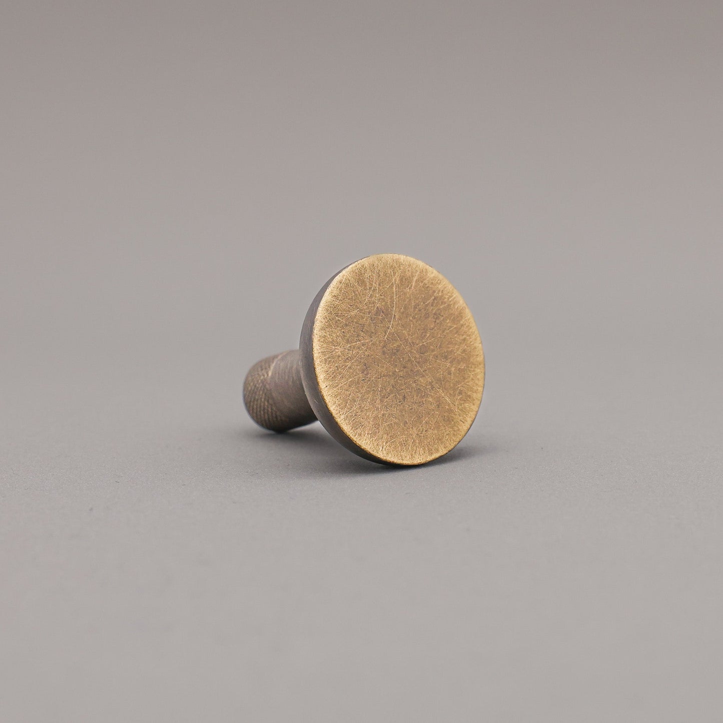 Round brass knob on a gray background