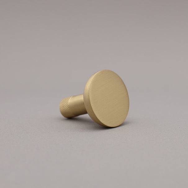 Brass knob on a gray background