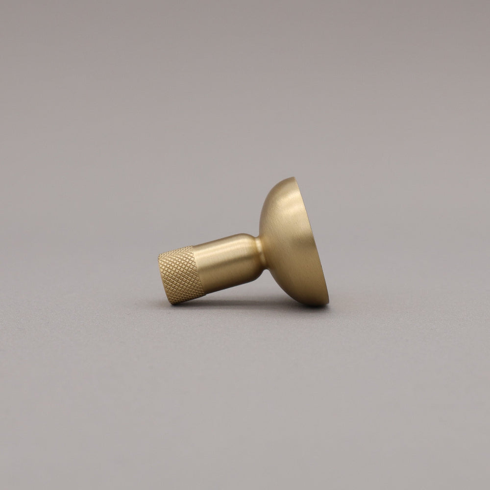 Brass knob on a gray background