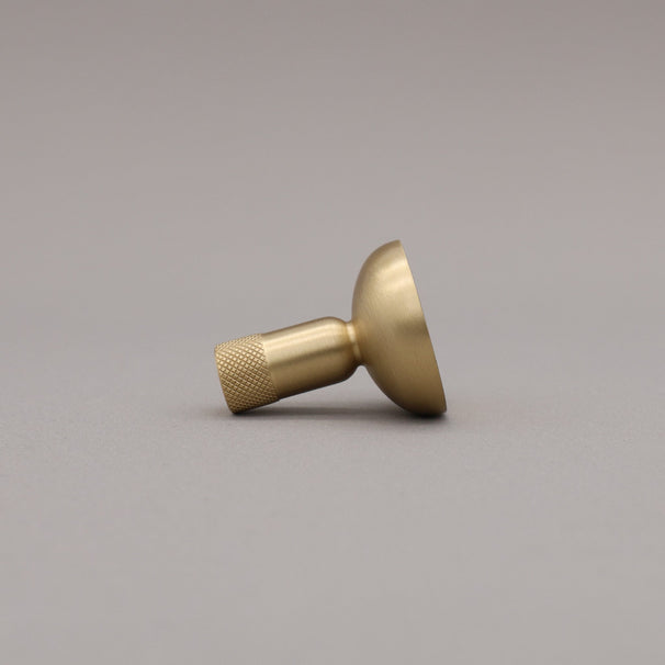 Brass knob on a gray background