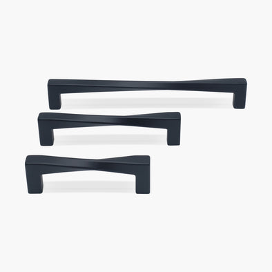 Matte Black Cabinet Pulls and Handles of our Twist Collection in three different sizes.