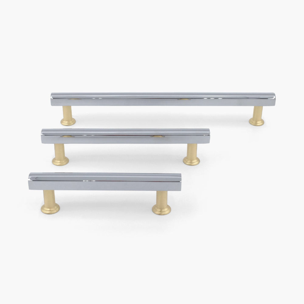 Cabinet Pull in three inch, five inch, and eight inch in polished chrome and satin brass finish
