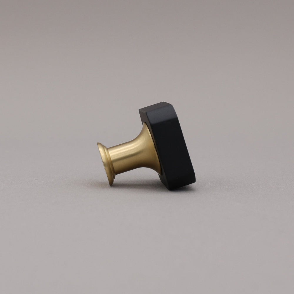 Black and brass gold square knob on a gray background