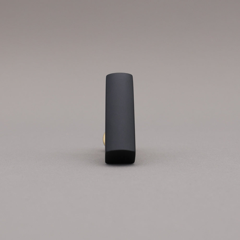 Front satin brass and black t-knob brass cabinet knob on gray background.