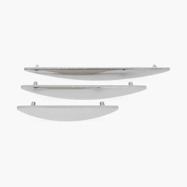Polished Nickel Half Moon Cabinet Pulls in three sizes on white background