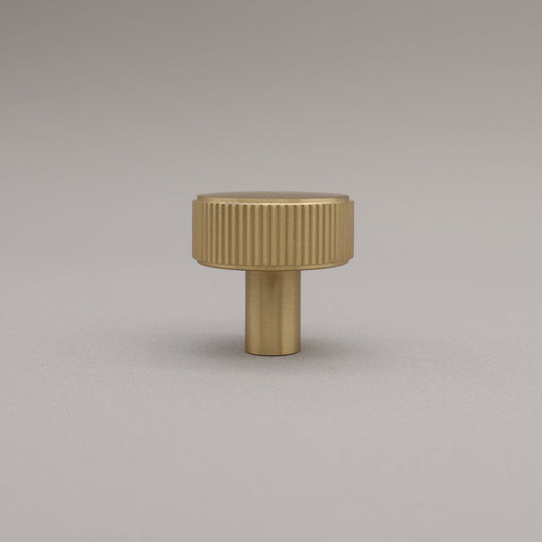 Standing brass knob on a gray background.