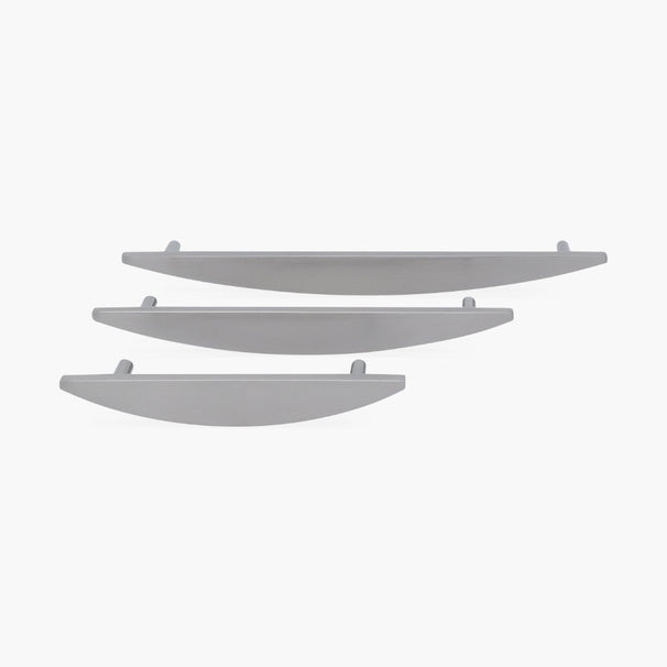 three satin nickel half moon cabinet pulls in three different sizes on white background