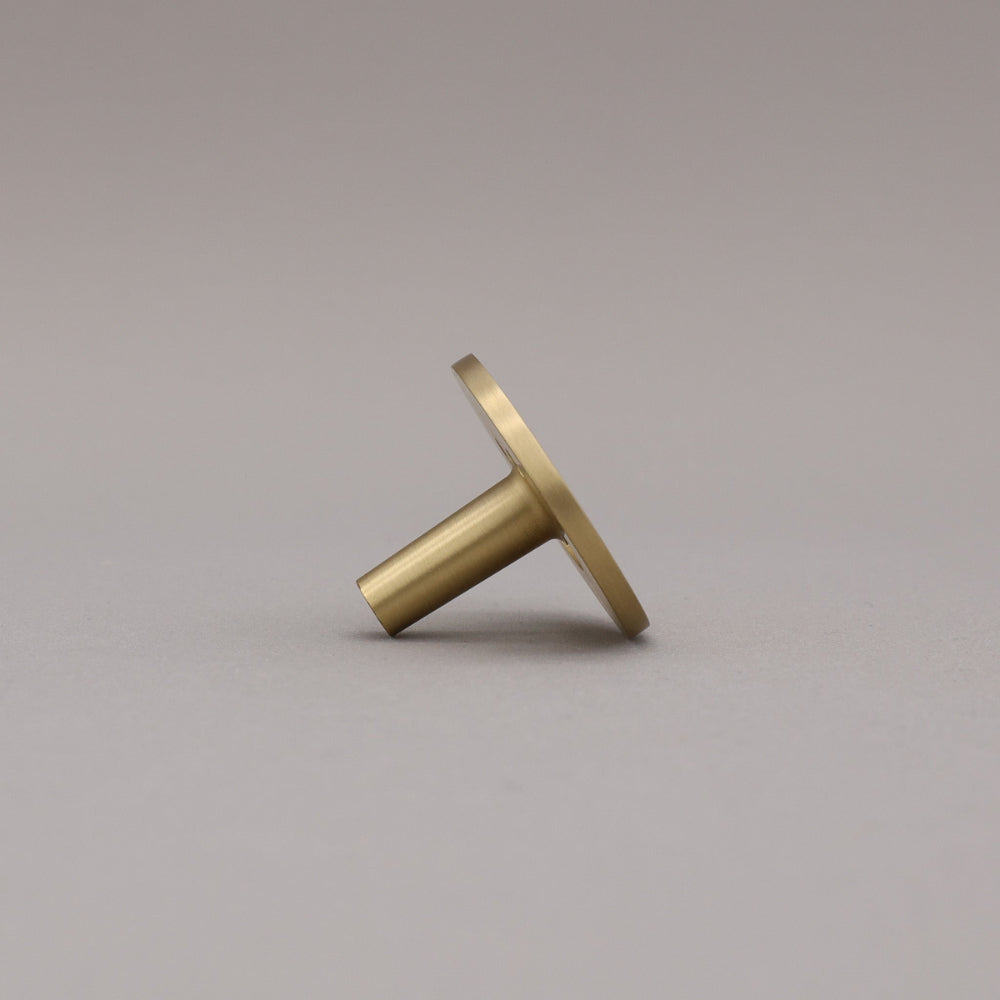 Side view of satin brass smile knob.