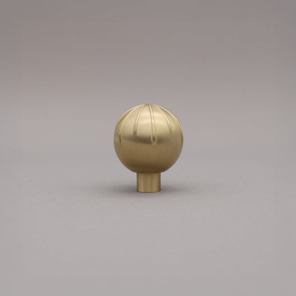 Round sunburst knob satin brass gold on gray background