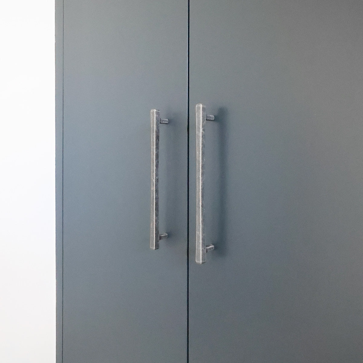 Weathered Nickel Handles on Aqua Kitchen Cupboard.