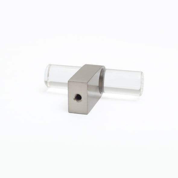 Rear-facing, laying down view of Clarity T-Knob in Clear Acrylic and Satin Nickel finish