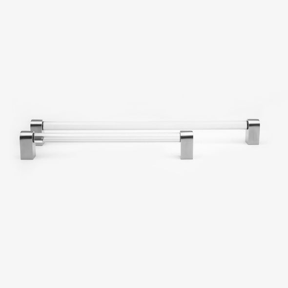 Two Hapny Clarity appliance pulls standing, a 12” center to center Clear Acrylic and Satin Nickel and a 18” Clear Acrylic and Satin Nickel