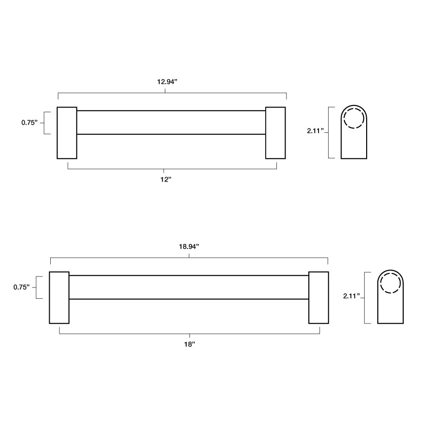 Tech specs with dimensions for Hapny Clarity Appliance Pull in both 12" and 18" center to center sizes for all finishes