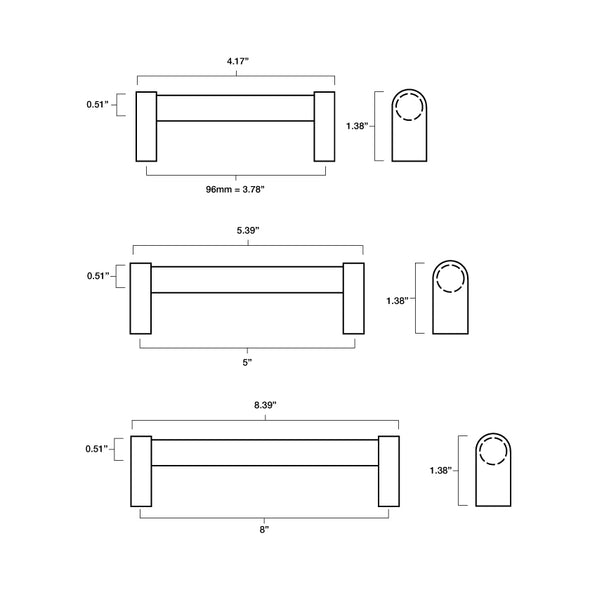 Tech specs with dimensions for Hapny Clarity Cabinet Pull in 96mm, 5" and 8" center to center sizes for all finishes