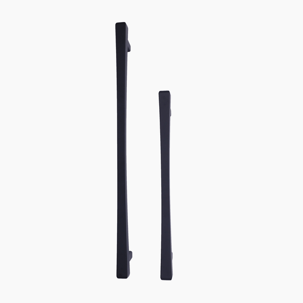 Head-on view of two Matte Black Diamond appliance pulls, on 12" and one 18" center to center