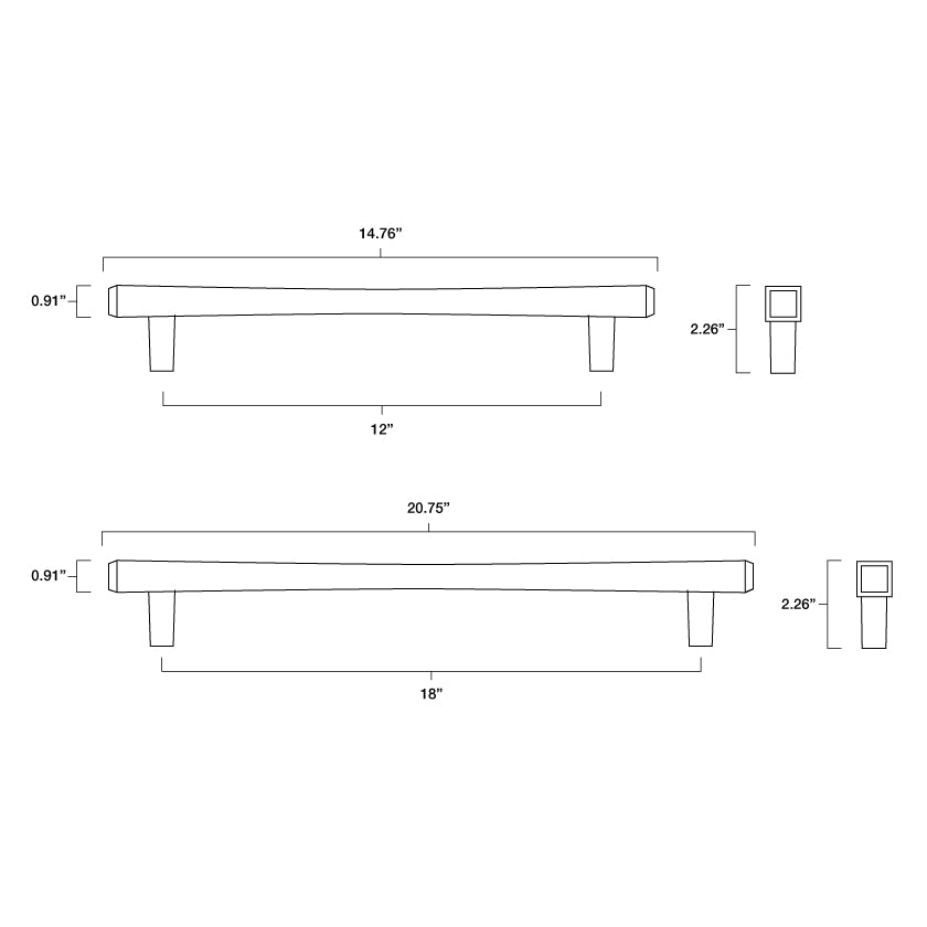 Tech specs with dimensions for Hapny Diamond Appliance Pull in 12" and 18" center to center sizes for all finishes