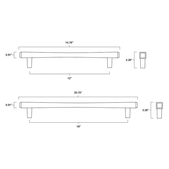 Tech specs with dimensions for Hapny Diamond Appliance Pull in 12" and 18" center to center sizes for all finishes