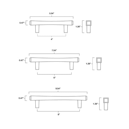 Tech specs with dimensions for Hapny Diamond Cabinet Pull in 4", 6" and 8" center to center sizes for all finishes