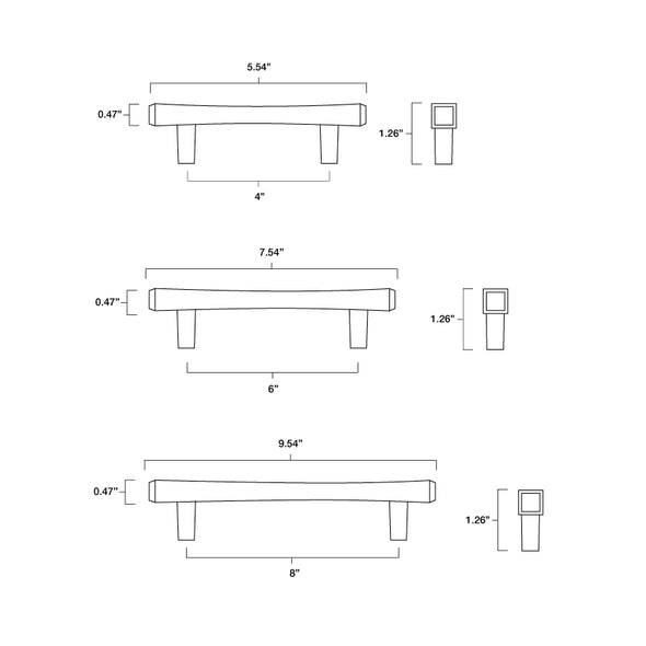Tech specs with dimensions for Hapny Diamond Cabinet Pull in 4", 6" and 8" center to center sizes for all finishes