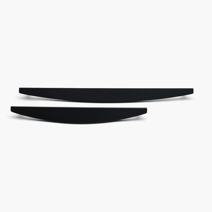 Two Matte Black Hapny Half Moon appliance pulls, a 12” center to center and a 18” center to center