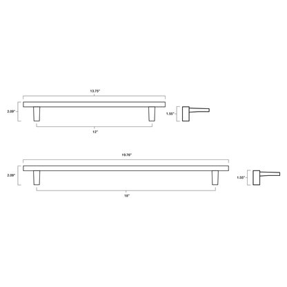 Tech specs with dimensions for Hapny Half Moon Appliance Pull in 12" and 18" center to center sizes for all finishes