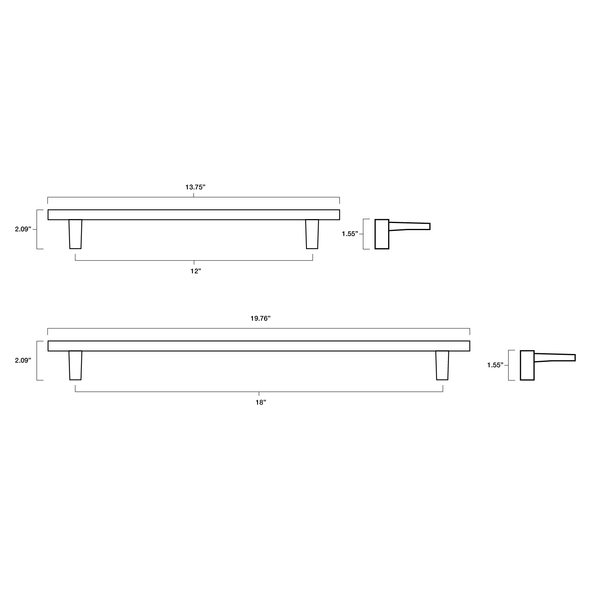 Tech specs with dimensions for Hapny Half Moon Appliance Pull in 12" and 18" center to center sizes for all finishes
