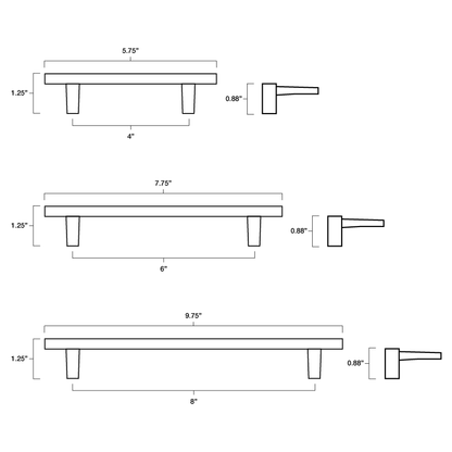 Tech specs with dimensions for Hapny Half Moon Cabinet Pull in 4", 6" and 8" center to center sizes for all finishes