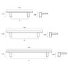 Tech specs with dimensions for Hapny Half Moon Cabinet Pull in 4", 6" and 8" center to center sizes for all finishes