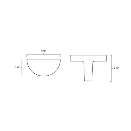 Tech specs with dimensions for Hapny Half Moon Knob in all finishes