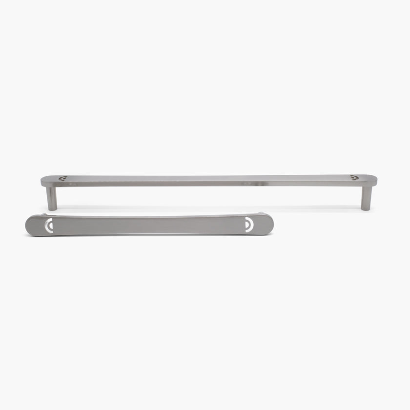 Two Satin Nickel Hapny Horizon appliance pulls, a 12” center to center and a 18” center to center