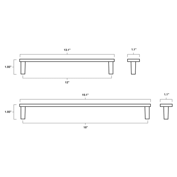 Tech specs with dimensions of Hapny Horizon Appliance Pull in 12" and 18" center to center sizes for all finishes