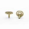 Two Satin Brass Hapny Horizon knobs, one standing and one rear-facing while laying down