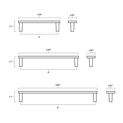 Tech specs with dimensions of Hapny Horizon Cabinet Pull in 4”, 6" and 8" center to center sizes for all finishes