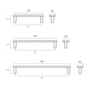 Tech specs with dimensions of Hapny Horizon Cabinet Pull in 4”, 6" and 8" center to center sizes for all finishes