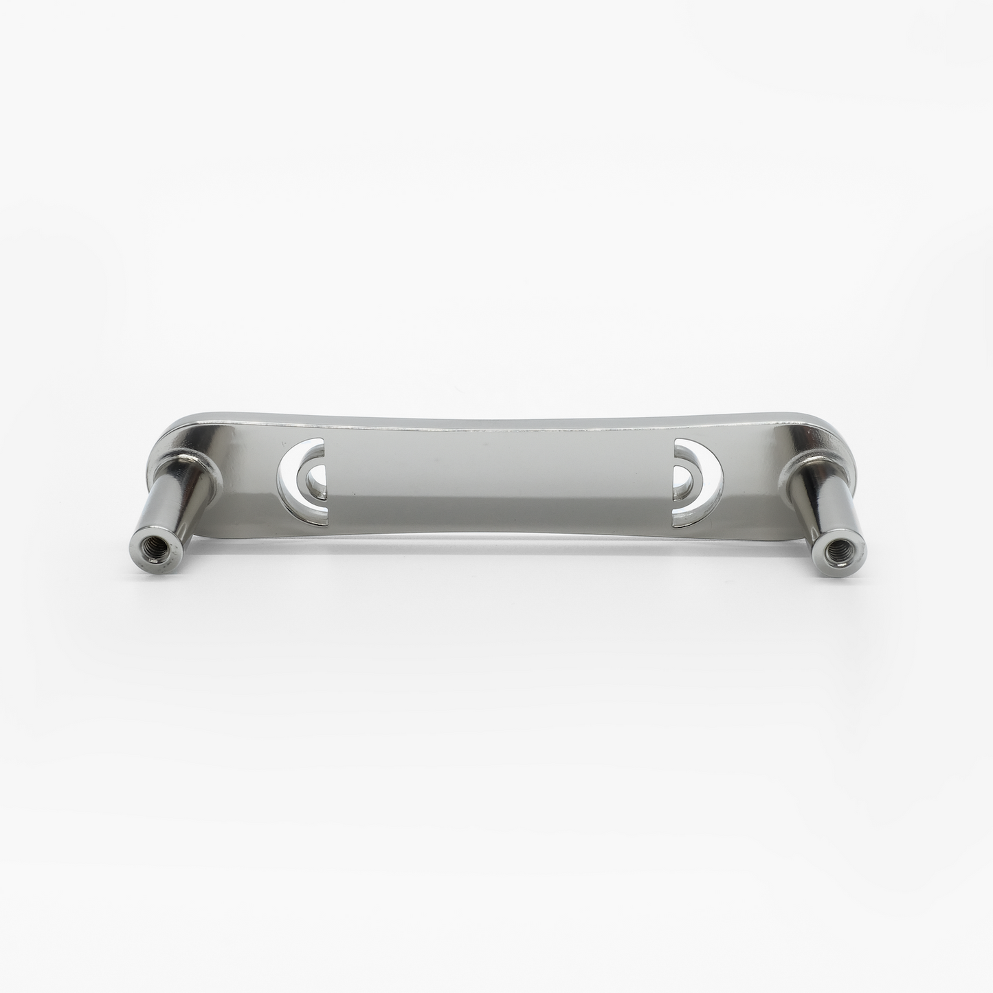 Rear-facing, laying down view of Hapny Horizon 4" cabinet pull in Polished Nickel