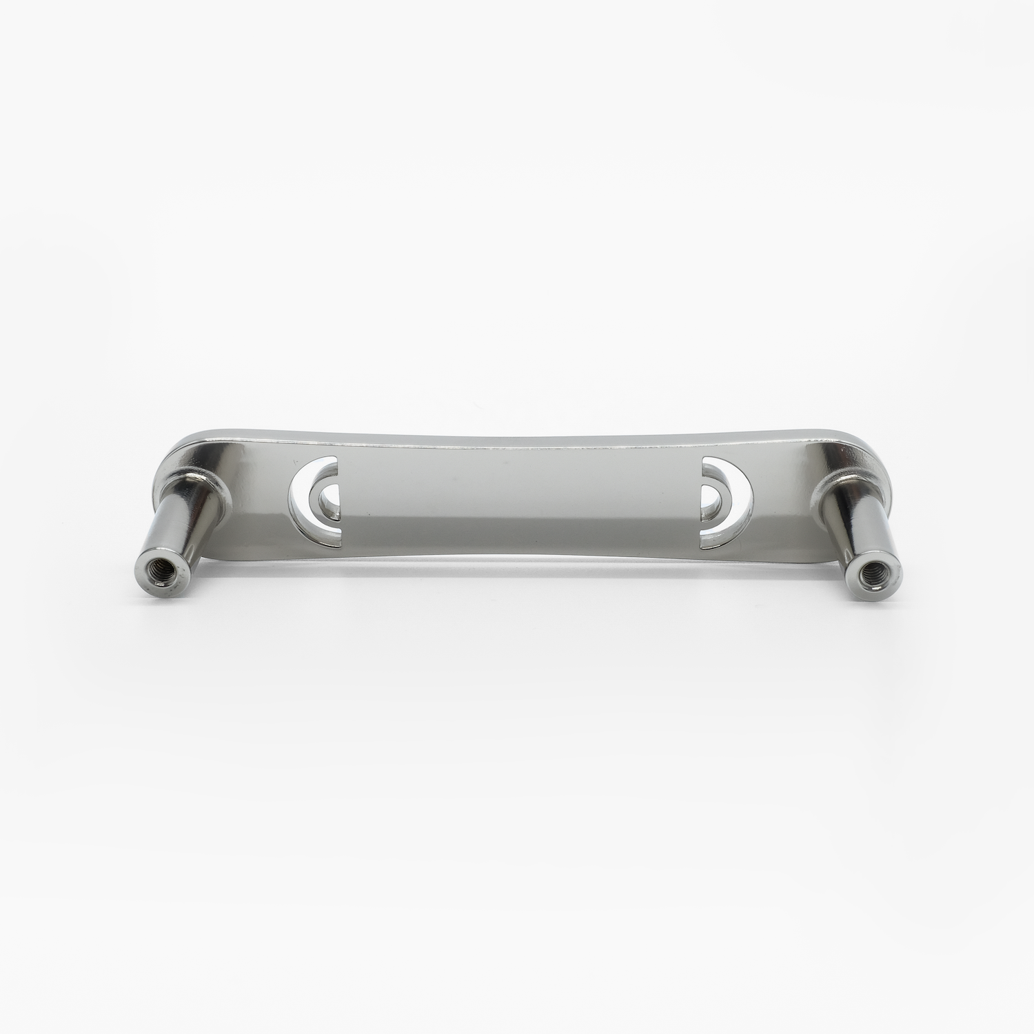 Rear-facing, laying down view of Hapny Horizon 4" cabinet pull in Polished Nickel