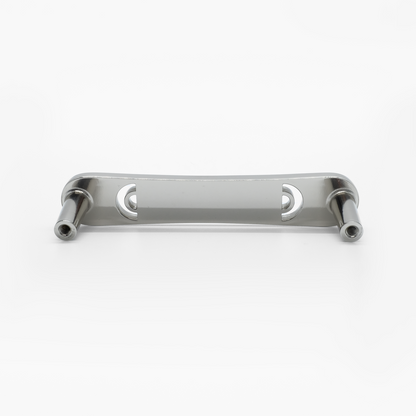 Rear-facing, laying down view of Hapny Horizon 4" cabinet pull in Polished Nickel