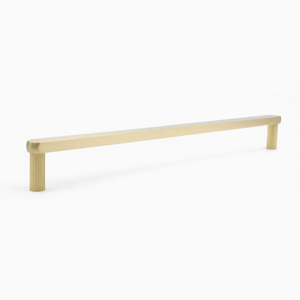 Standing, angled view of Hapny Ribbed 18" appliance pull in Satin Brass finish