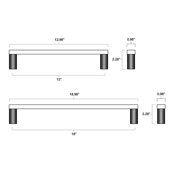 Tech specs with dimensions of Hapny Ribbed Appliance Pull in 12" and 18" center to center sizes for all finishes