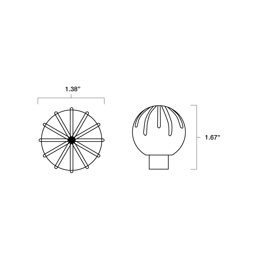 Tech specs with dimensions of Hapny Sunburst knob for all finishes