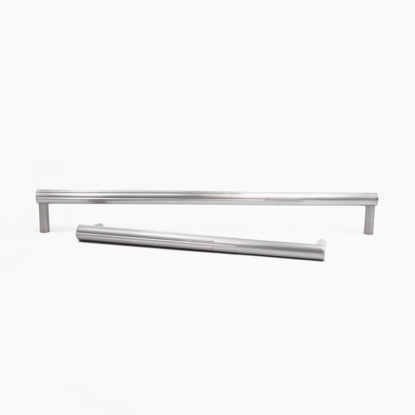 Two Satin Nickel Hapny Sunburst appliance pulls, a 12” center to center and a 18” center to center