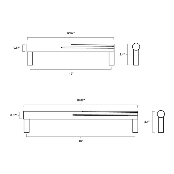 Tech specs with dimensions of Hapny Sunburst Appliance Pull in 12" and 18" center to center sizes for all finishes