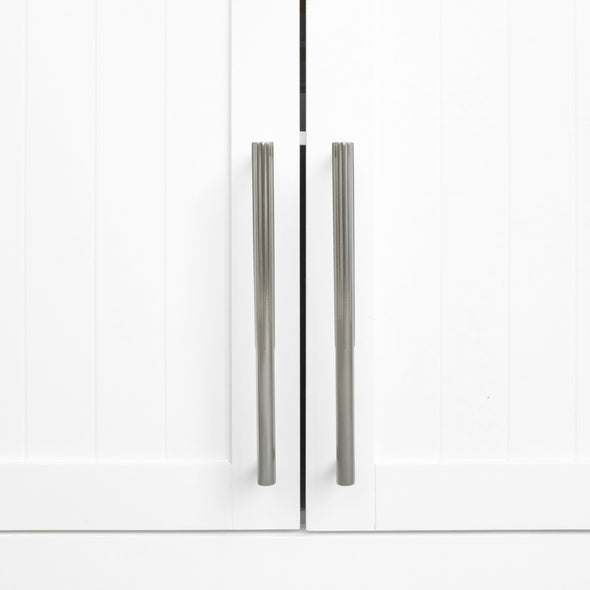 Two Satin Nickel Hapny Sunburst 8" cabinet pulls installed on white cabinet doors