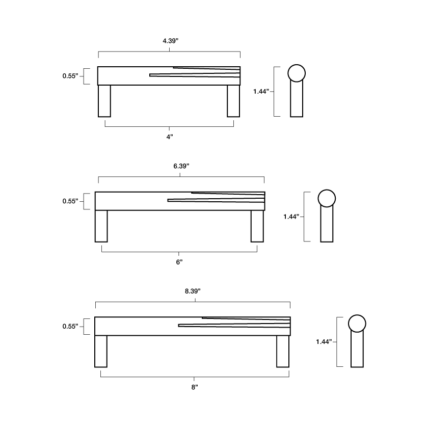 Tech specs with dimensions of Hapny Sunburst Cabinet Pull in 4”, 6" and 8" center to center sizes for all finishes