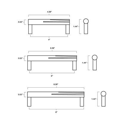 Tech specs with dimensions of Hapny Sunburst Cabinet Pull in 4”, 6" and 8" center to center sizes for all finishes