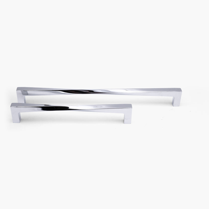 Two Polished Chrome Hapny Twist appliance pulls, a 12” center to center and a 18” center to center