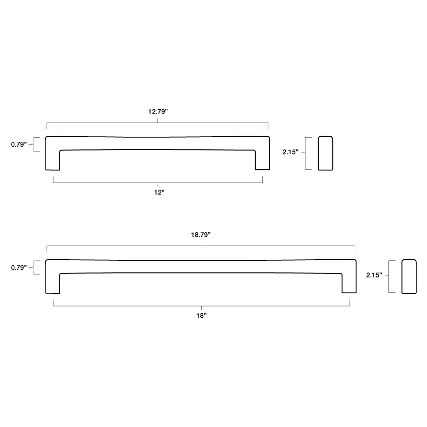 Tech specs with dimensions of Hapny Twist Appliance Pull in 12" and 18" center to center sizes for all finishes