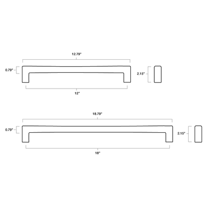 Tech specs with dimensions of Hapny Twist Appliance Pull in 12" and 18" center to center sizes for all finishes